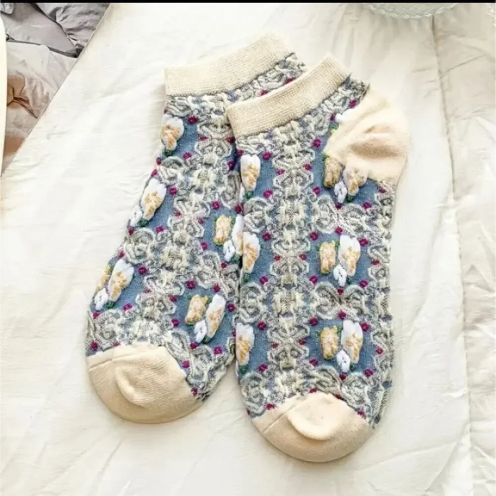 4 Pairs cottagecore Embroidered Floral Print Short ankle Socks